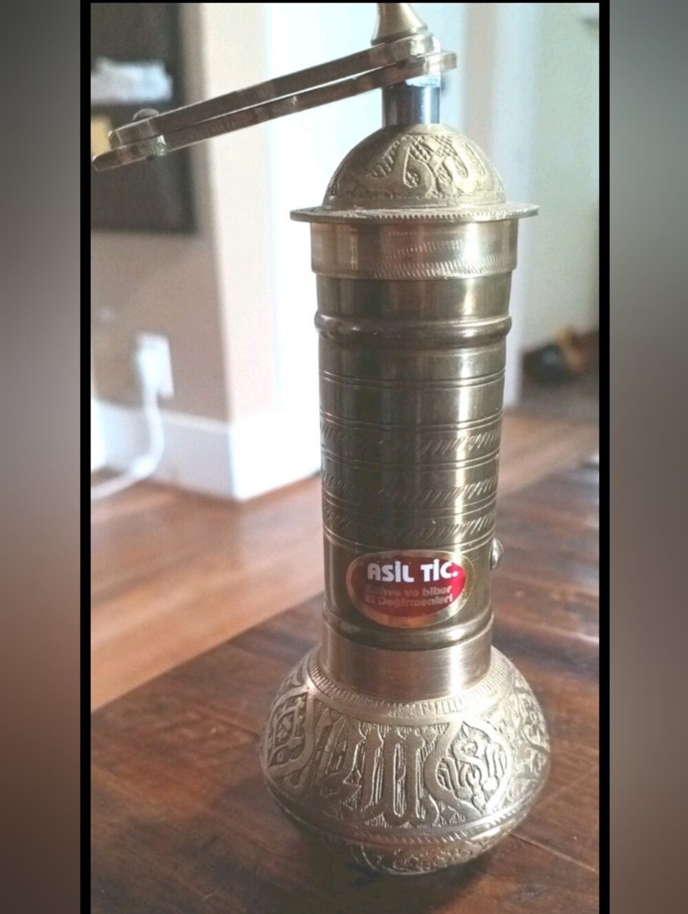 Antique Brass Turkish Coffee Grinder Etched Design with Manual Hand 8" Crank